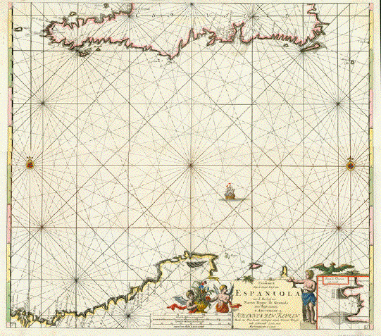 Pas-kaart Van de Zuyd-Kust van Espaniola met de Zee kust van Nuevo Reyne de Granada
                                                                                                                                                                                                                                                                                                                                                      Door Vooght Geometra T Amsterdam By Johannes van Keulen