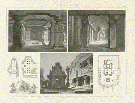 Der grossere Topi bei Sanchi  Ansicht des Hofes, 3. Grotte des Indratempels, 4. Ansicht des Tempels des Wischmakarma