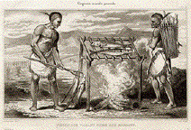 VIRGINIENS FAISANT CUIRE DES POISSONS.(Indians in Virginia curing fish.)