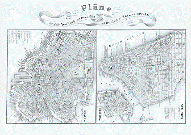 Plaene der Staedte New York mit Brooklyn und Boston in Nord Amerika.